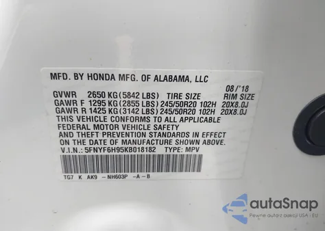 2019 Honda Pilot Touring z USA, uszkodzony, nr VIN 5FNYF6H95KB018182